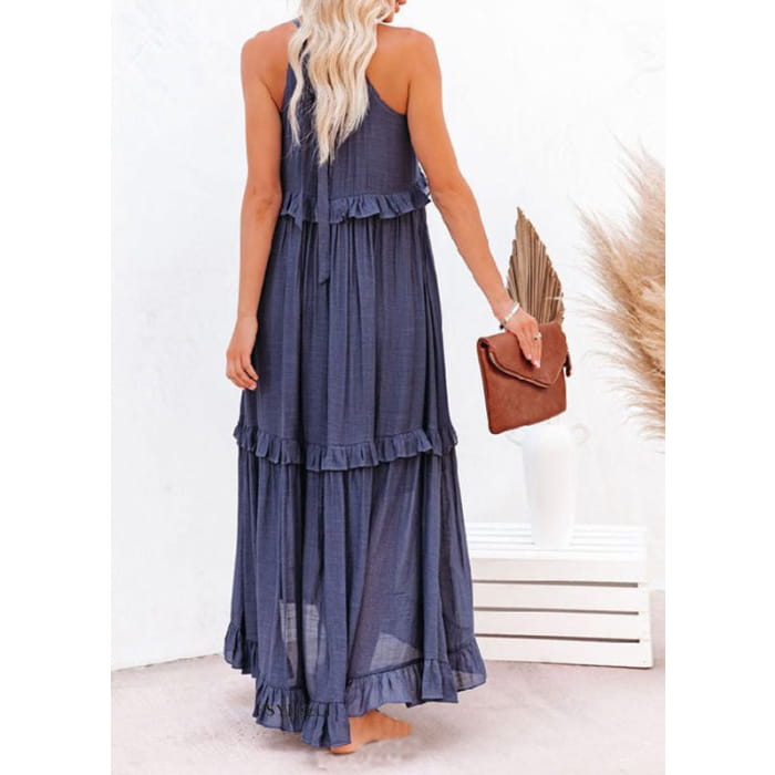 Unique Blue Ruffled Patchwork Holida Long Dress Summer