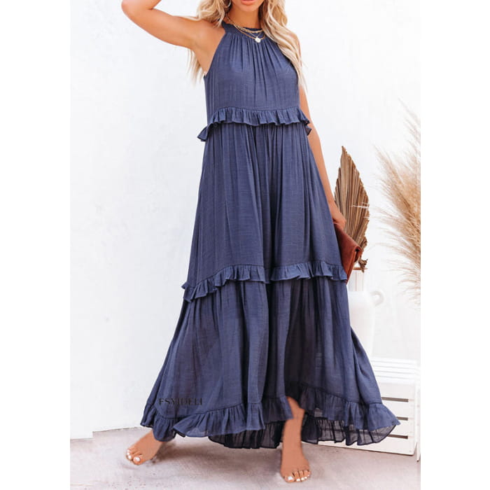 Unique Blue Ruffled Patchwork Holida Long Dress Summer