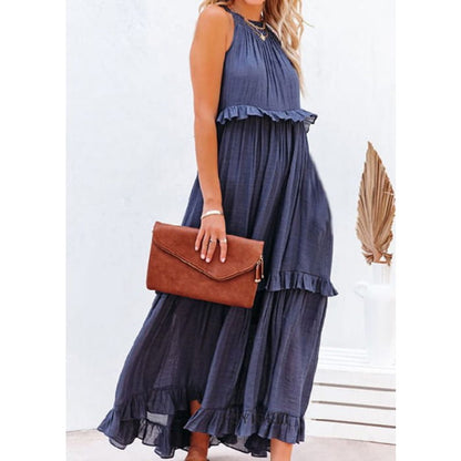 Unique Blue Ruffled Patchwork Holida Long Dress Summer