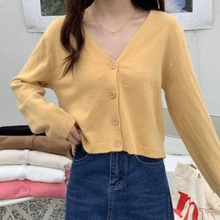 V-Neck Button-Up Plain Cardigan - Yellow / One Size