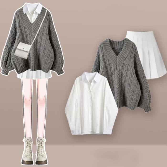 V-neck Cable Sweater Lapel Shirt Pleated Skirt Set - Gray