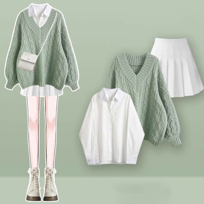 V-neck Cable Sweater Lapel Shirt Pleated Skirt Set - Green