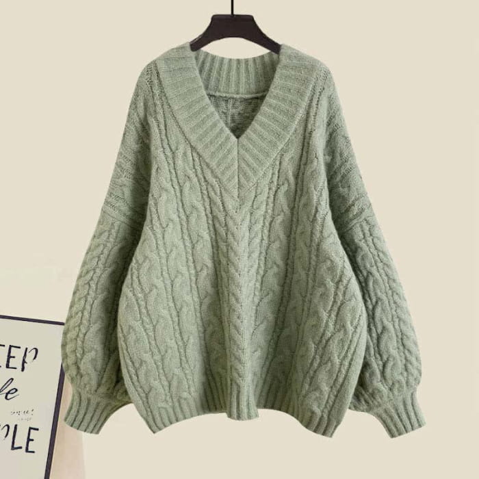 V-neck Cable Sweater Lapel Shirt Pleated Skirt Set - Green