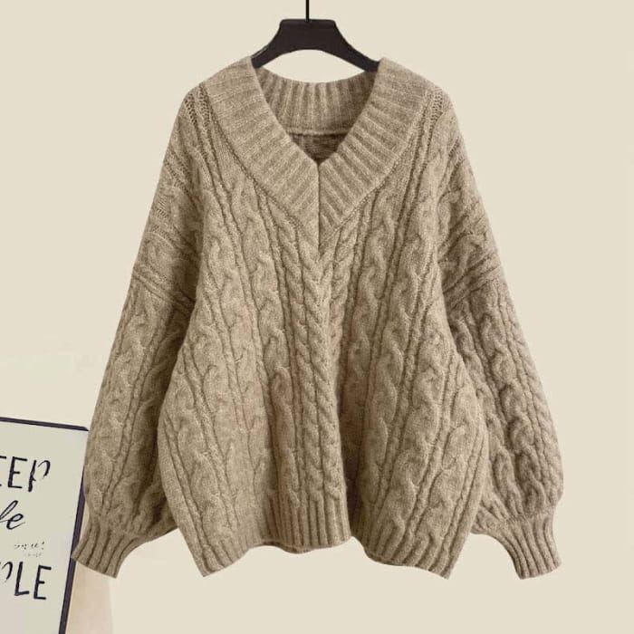 V-neck Cable Sweater Lapel Shirt Pleated Skirt Set - Khaki