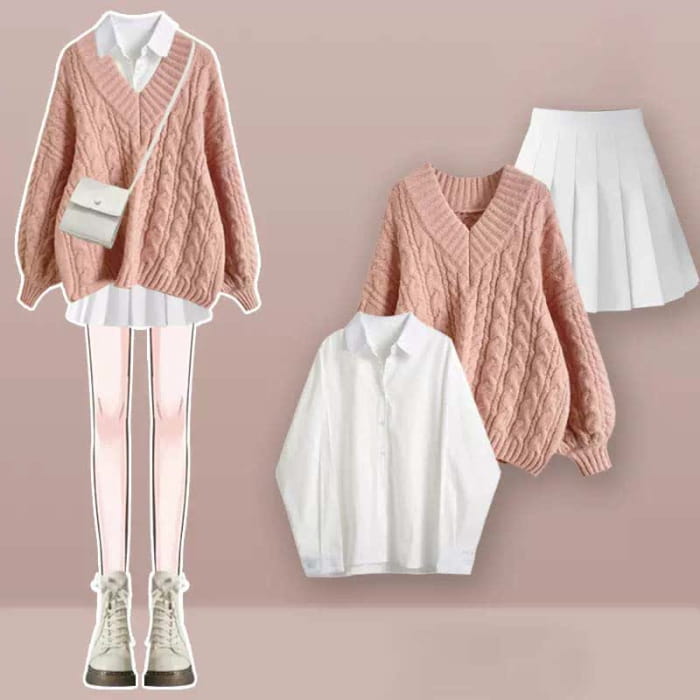 V-neck Cable Sweater Lapel Shirt Pleated Skirt Set - Pink