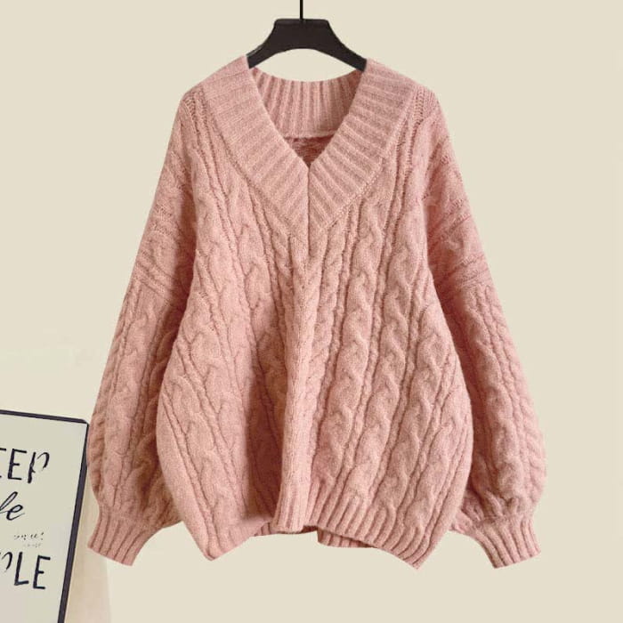 V-neck Cable Sweater Lapel Shirt Pleated Skirt Set - Pink