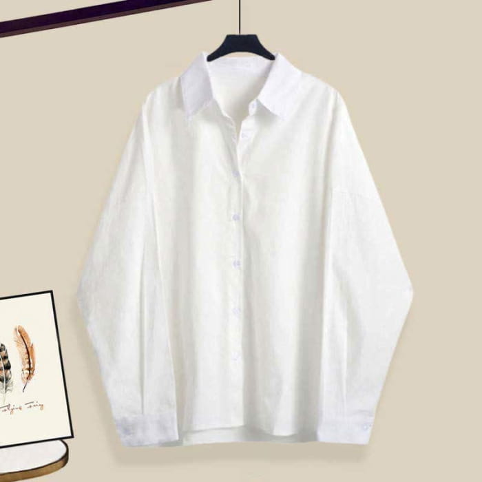 V-neck Cable Sweater Lapel Shirt Pleated Skirt Set - White