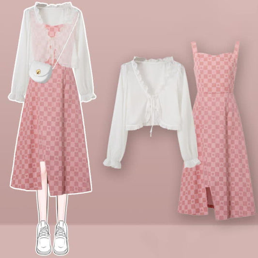 V-neck Cardigan Lattice Print Pink Slip Dress Set modakawa