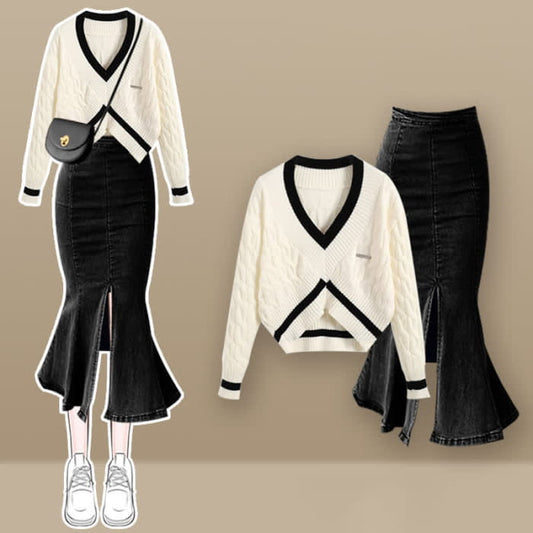 V-neck Colorblock Sweater Fishtail Denim Skirt Set