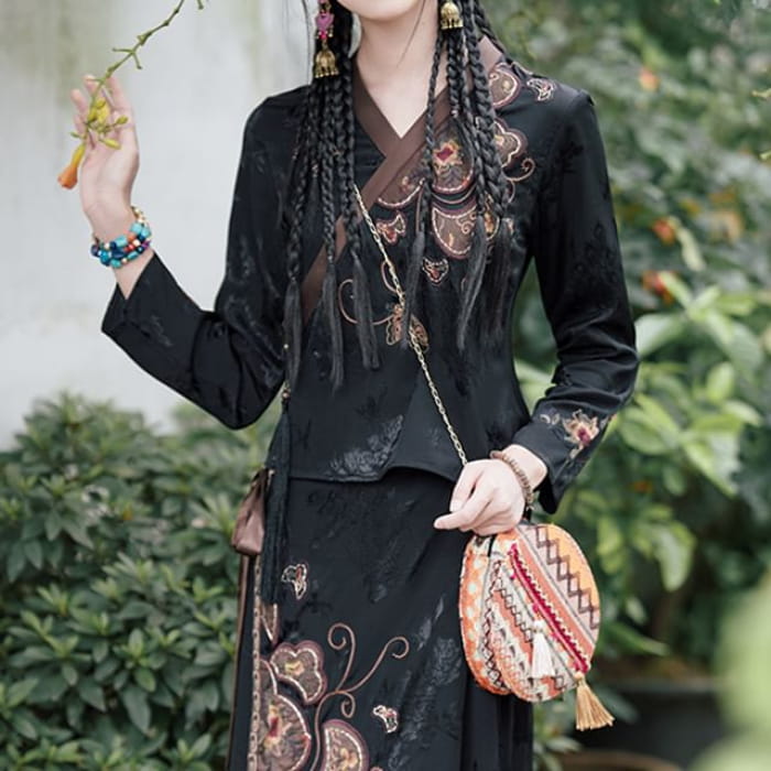 V-Neck Floral Blouse / Mid Rise Hanfu Patterned Maxi A-Line