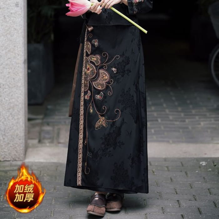 V-Neck Floral Blouse / Mid Rise Hanfu Patterned Maxi A-Line