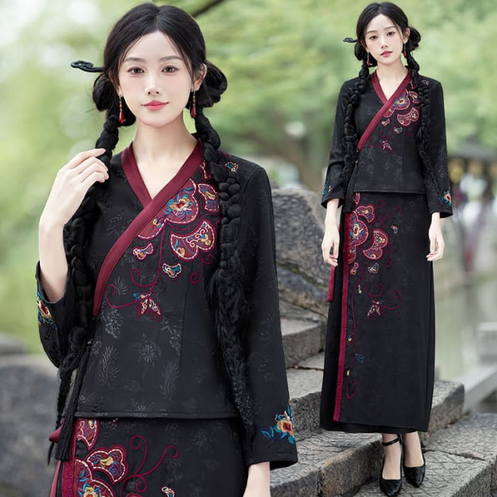 V-Neck Floral Blouse / Mid Rise Hanfu Patterned Maxi A-Line