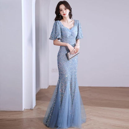 V-Neck Glitter Mermaid Evening Gown - Long Edition - Blue