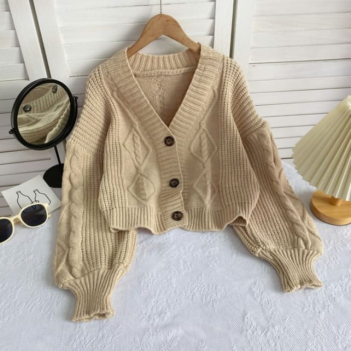 V-Neck Plain Button-Up Cable Knit Cardigan - Khaki