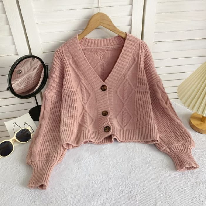 V-Neck Plain Button-Up Cable Knit Cardigan - Pink / One Size