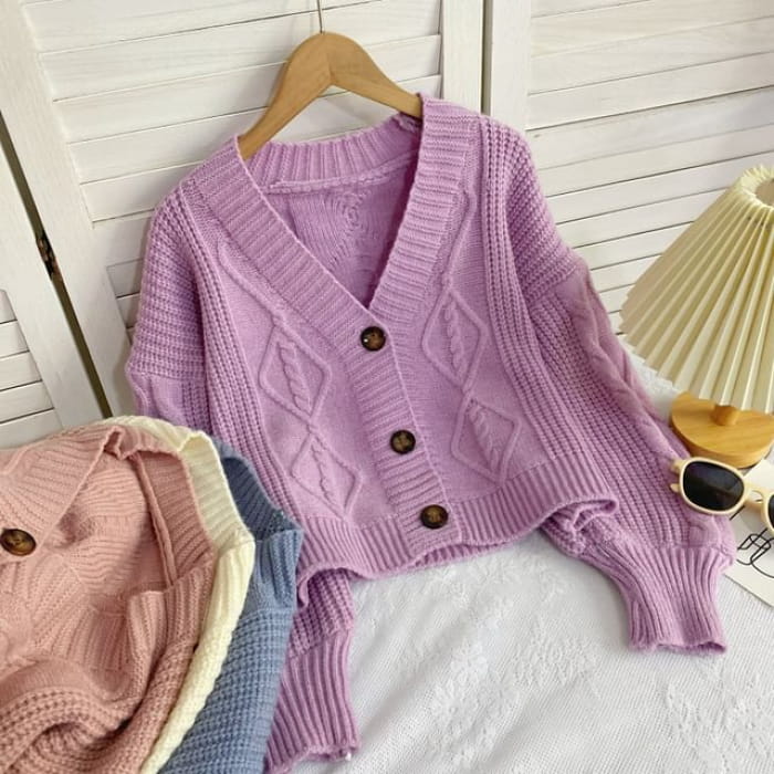 V-Neck Plain Button-Up Cable Knit Cardigan - Purple