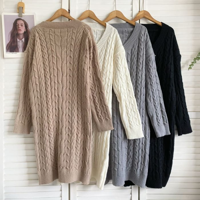 V-Neck Plain Cable Knit Sweater Dress