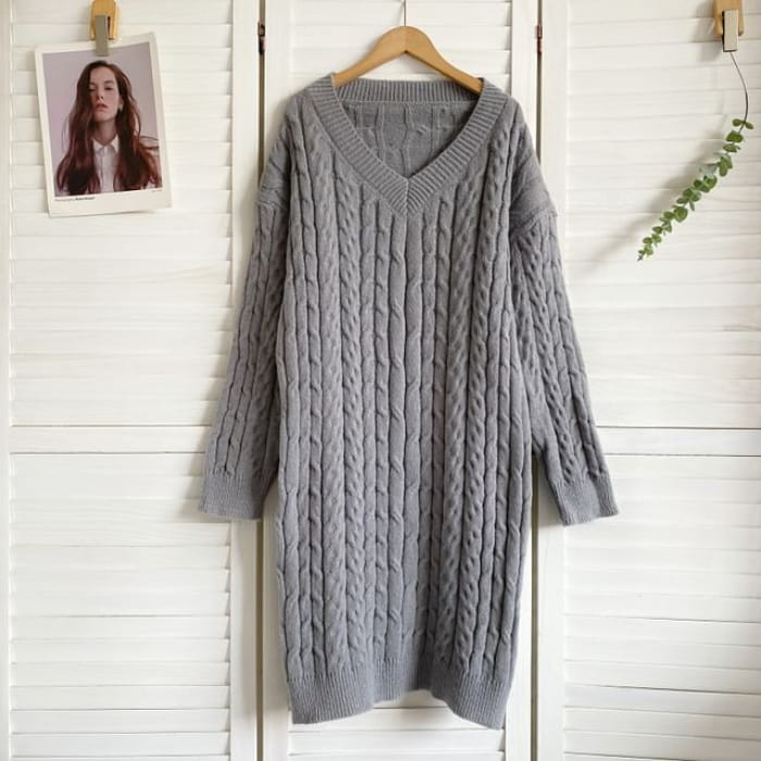 V-Neck Plain Cable Knit Sweater Dress - Gray / One Size