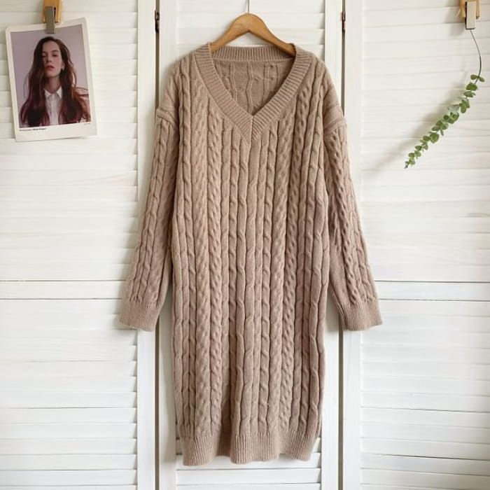 V-Neck Plain Cable Knit Sweater Dress - Khaki / One Size