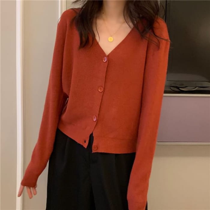 V-Neck Plain Cardigan - Brick Red / One Size