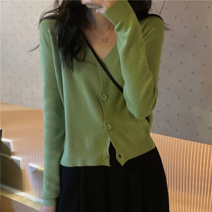 V-Neck Plain Cardigan - Green / One Size