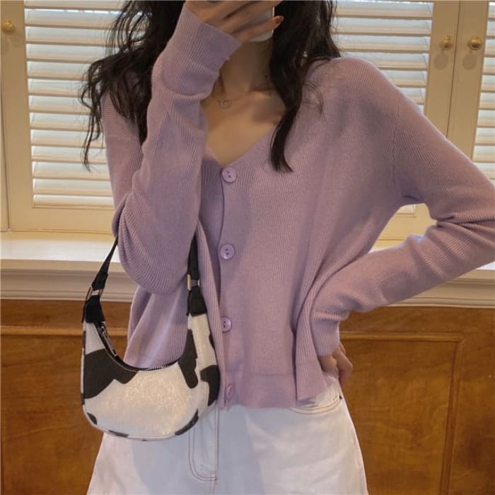 V-Neck Plain Cardigan - Purple / One Size