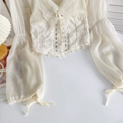 V-Neck Plain Lace Trim Bustier Blouse