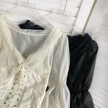 V-Neck Plain Lace Trim Bustier Blouse