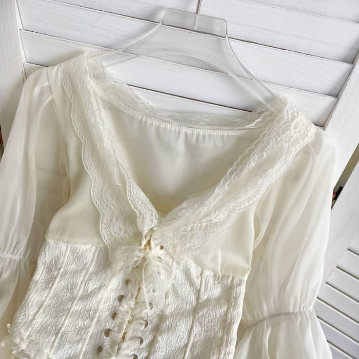 V-Neck Plain Lace Trim Bustier Blouse