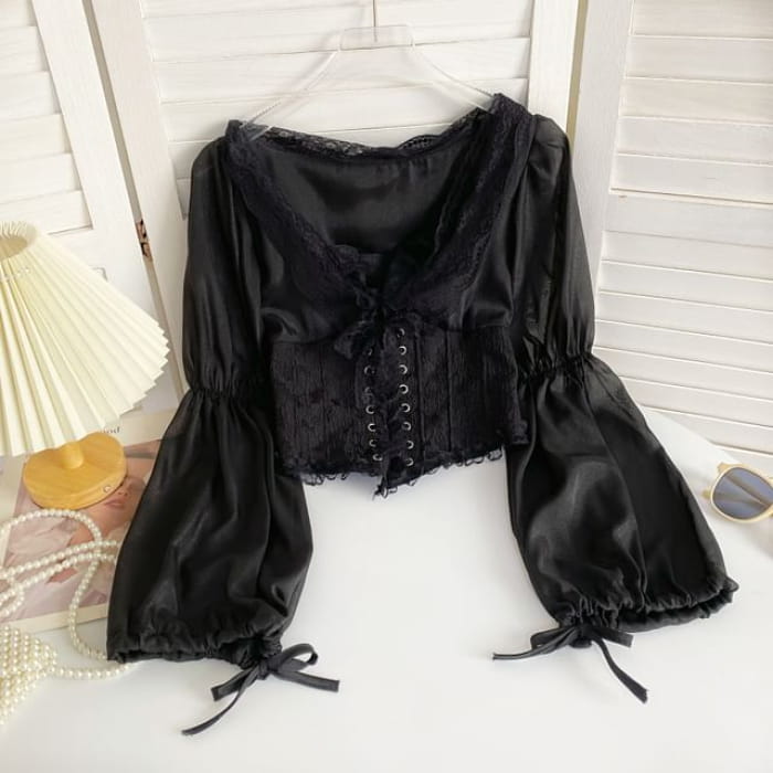 V-Neck Plain Lace Trim Bustier Blouse - Black / One Size