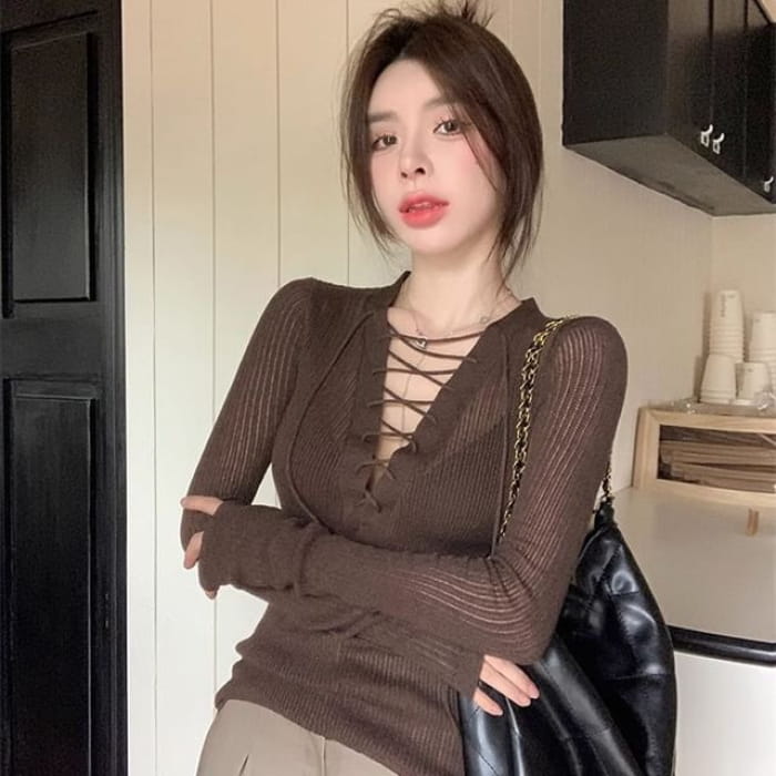 V-Neck Plain Lace-Up Knit Top - Coffee / One Size