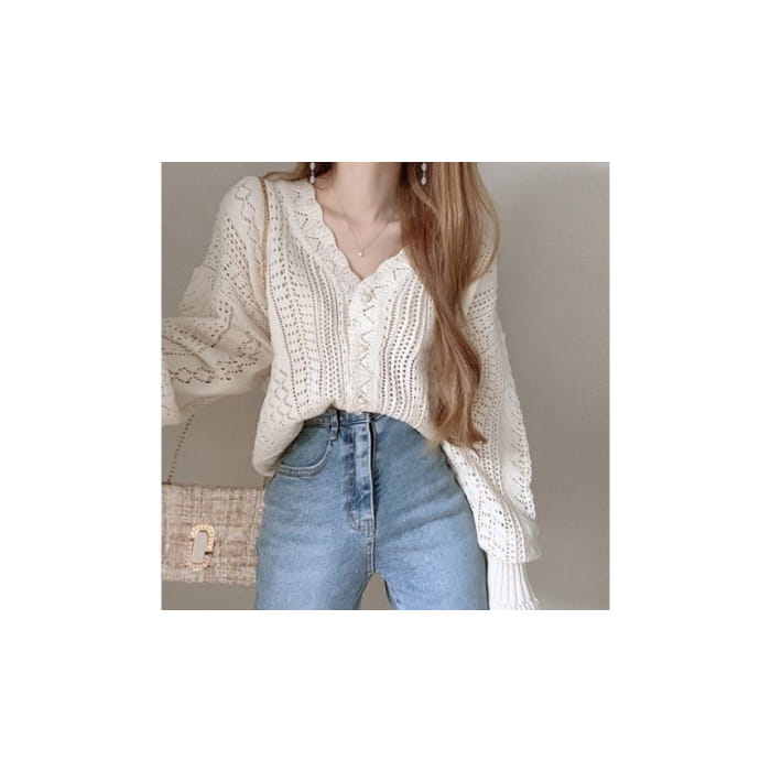 V-Neck Plain Pointelle Knit Cardigan