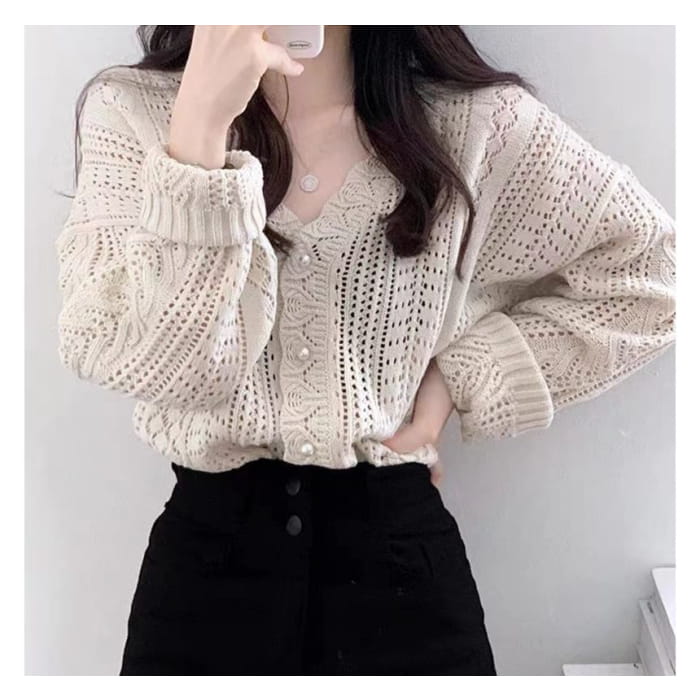 V-Neck Plain Pointelle Knit Cardigan