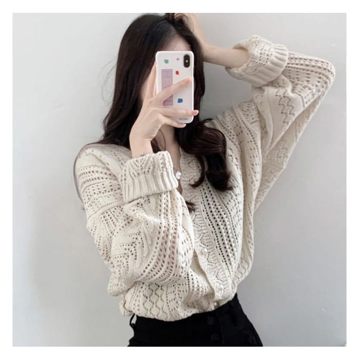 V-Neck Plain Pointelle Knit Cardigan