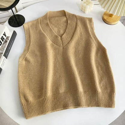 V-Neck Plain Sweater Vest - Coffee / One Size