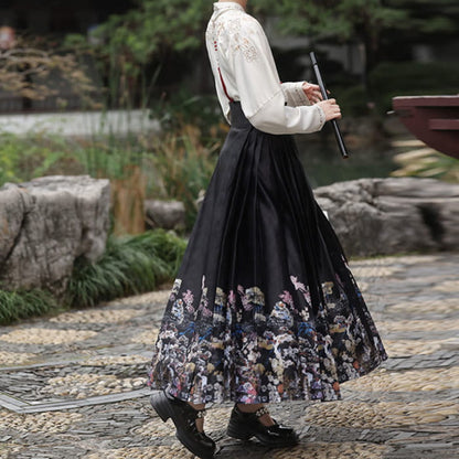 V-neck Shirt Vintage Print Pleated Skirt