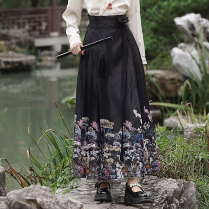 V-neck Shirt Vintage Print Pleated Skirt - M