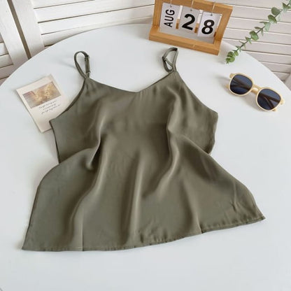 V-Neck Silky Camisole Top - Army Green / One Size