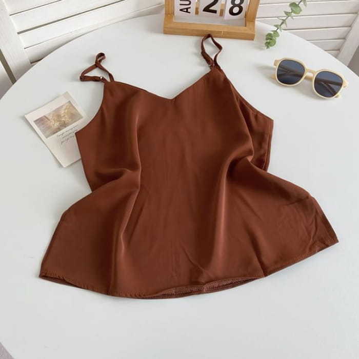 V-Neck Silky Camisole Top - Coffee / One Size