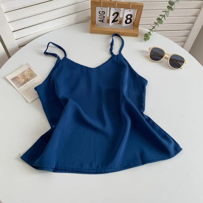 V-Neck Silky Camisole Top - Dark Blue / One Size