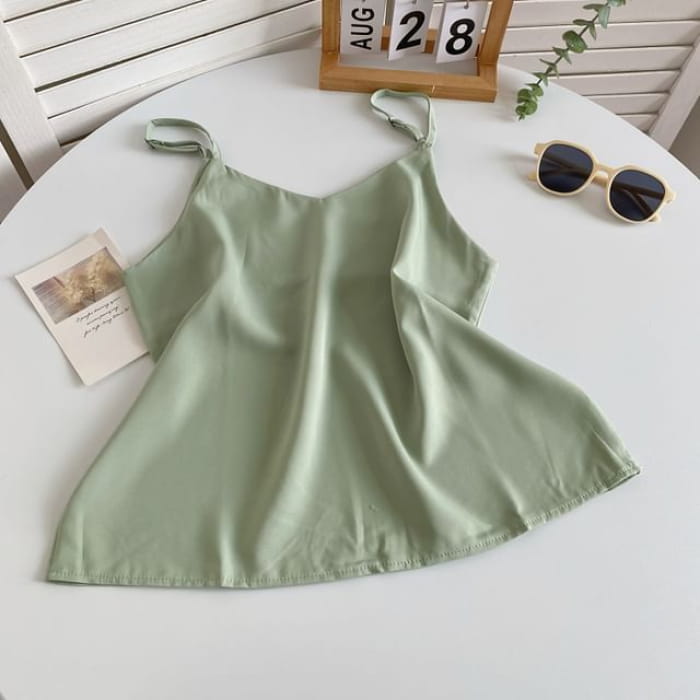 V-Neck Silky Camisole Top - Light Green / One Size