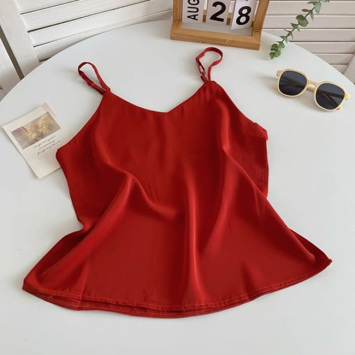 V-Neck Silky Camisole Top - Red / One Size