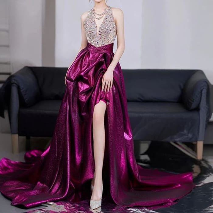 V-Neck Sleeveless Sequined A-Line Evening Gown - Fuchsia