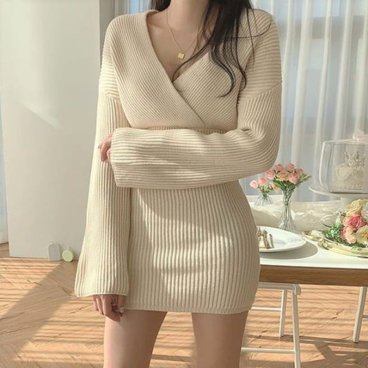 V-Neck Slim-Cut Rib-Knit Mini Dress