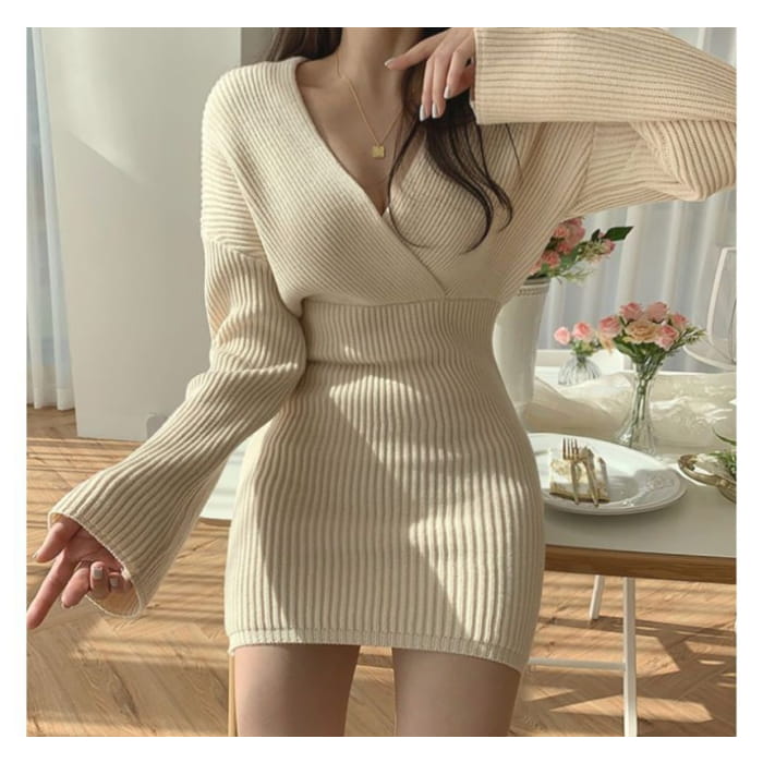 V-Neck Slim-Cut Rib-Knit Mini Dress