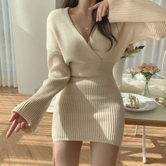 V-Neck Slim-Cut Rib-Knit Mini Dress - Almond / One Size