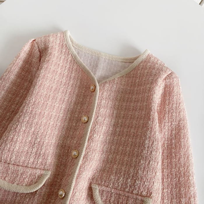 V-Neck Tweed Faux Pearl Buttoned Crop Jacket