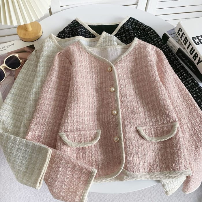 V-Neck Tweed Faux Pearl Buttoned Crop Jacket