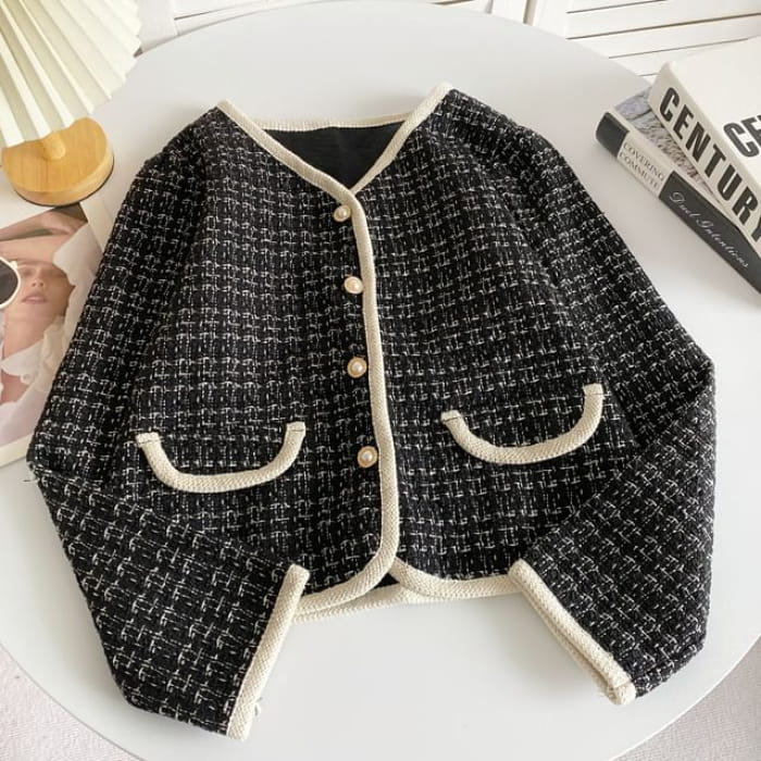 V-Neck Tweed Faux Pearl Buttoned Crop Jacket - Black