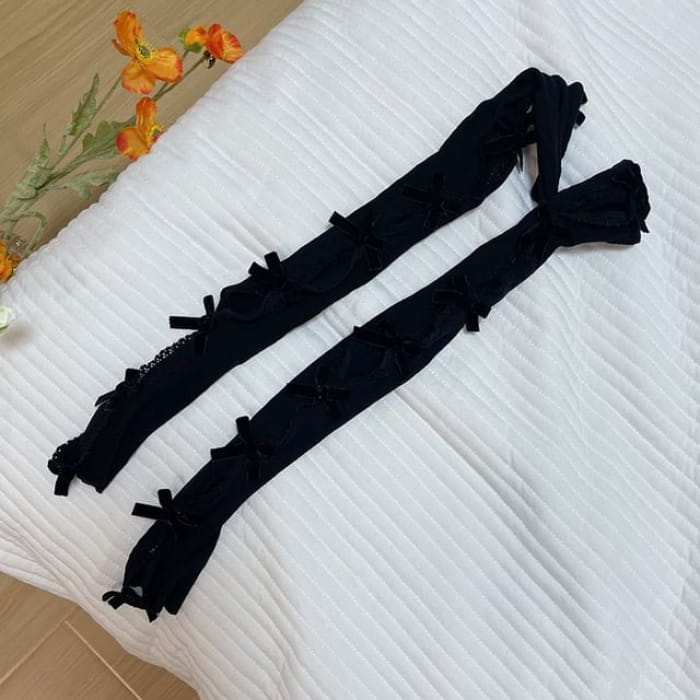 Velvet Bow Lace Arm Sleeves - Black - One Size